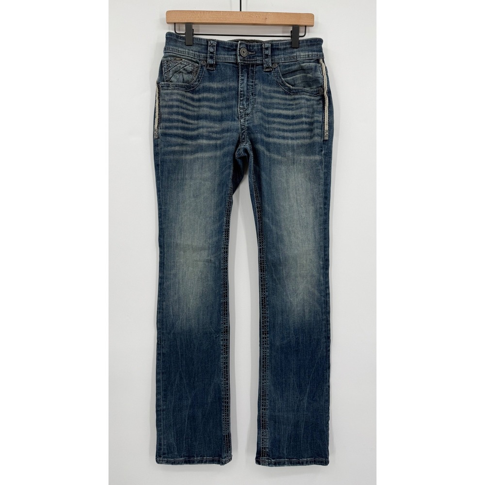Buckle Black Jeans Mens 32L Blue Bootcut Fit No 3 BBLA374 Embroidered Pocket - Picture 2 of 12